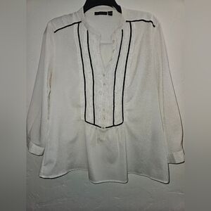 Sioni Elegant White Ruffle Blouse with Black Trim